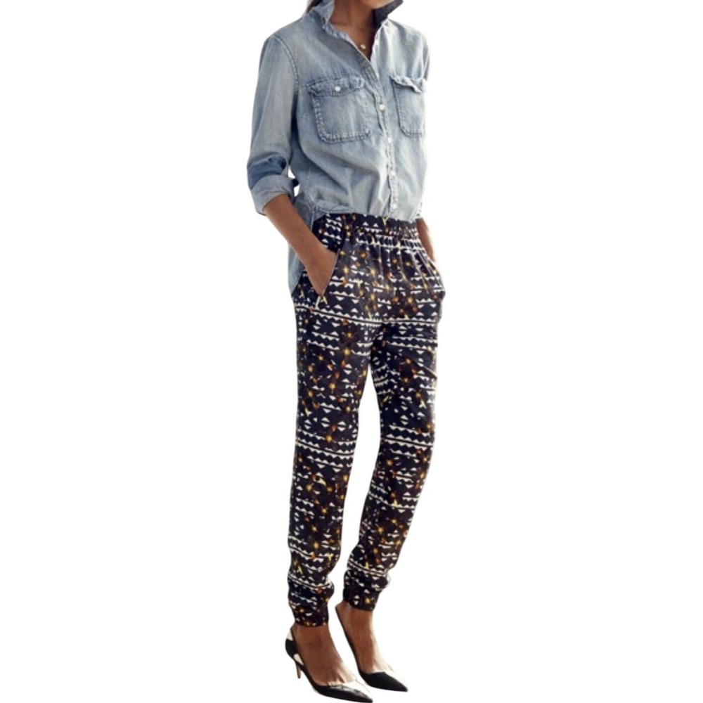J Crew Turner Jogger Pants Sz 6 Pull-On Blue Geometric Floral Print Zip Pockets